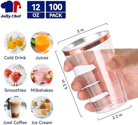 JOLLY CHEF 12 oz Rose Gold Plastic Cups Tumblers 100 Pack Disposable Clear - Image 2