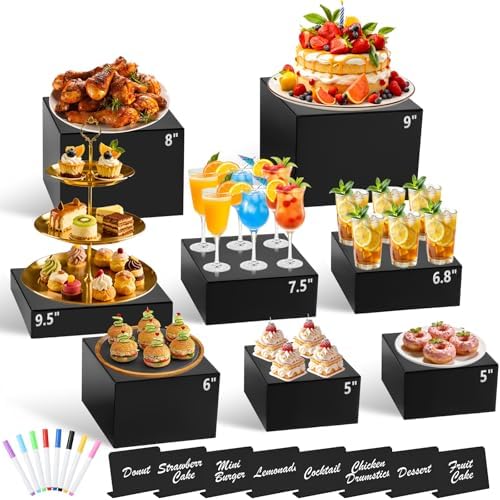 8Pcs Black Acrylic Buffet Risers with Mini Sign and Marker, Black Acrylic Risers for Party Catering Dessert Jewelry Collectibles with Hollow Bottoms Nesting Cube Box (9.5" 9" 8" 7.5" 6.8" 6" 5" 5") by Qinzave