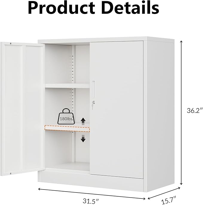 CJF Metal Storage Cabinet, 36" H Locking Storage Cabinet with Shelves and Doors for Home Office, Garage, Utility Room, Entryway(White)