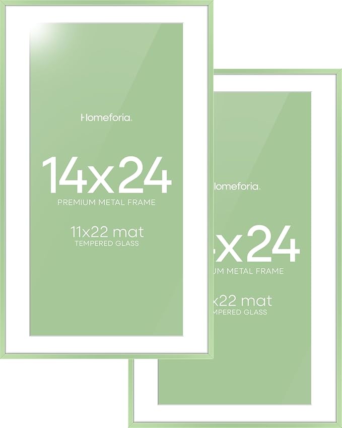 Homeforia 14x24 Picture Frame Sage Green, High End Metal 14x24 Poster Frames with Mat 11x22 Photo, 14 x 24 Sage Green Frame Matted to 11 by 22 Art, 24x14 Thin Frame, Tempered Glass, Wall Kit, Set of 2