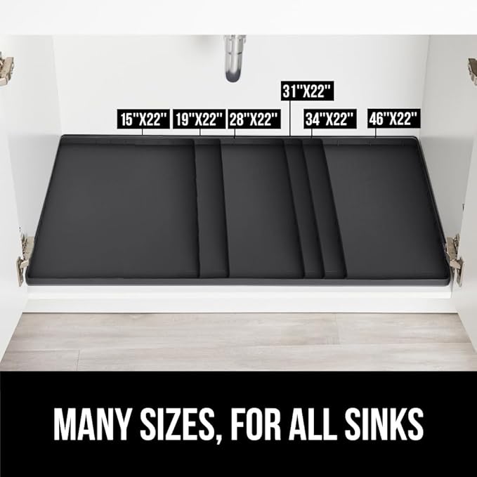 GORILLA GRIP Waterproof Silicone Under Sink Mat with Raised Lip for Kitchen and Bathroom, 31 x 22 in, Cabinet Shelf Liner Stay in Place Mats Dishwasher Safe Drawer Liner, Organizer Tray, Black