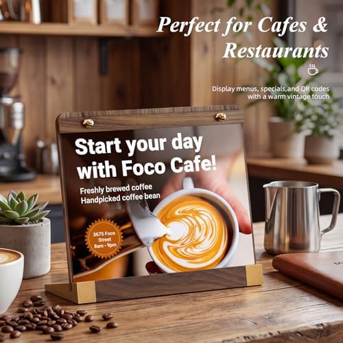 2 Pack Acrylic Sign Holders 8.5 x 11 Horizontal with Wood Base, Tabletop Display Sign Stand for Menu Flyer Poster, Clear Acrylic Paper Frame for Restaurant Coffee Shop Hotel Office Exhibition Horizontal - Image 2
