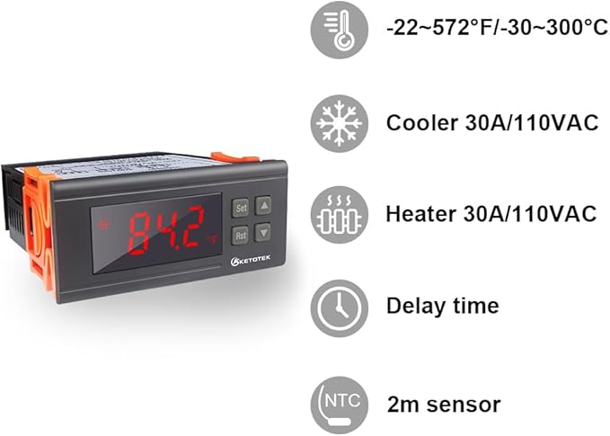 KETOTEK KT8230 Digital Temperature Controller Thermostat Regulator 120VAC 30A Fahrenheit -22~572℉ Heating Cooling for Incubator Brooder Refrigerator Fermenter Greenhouse Reptile