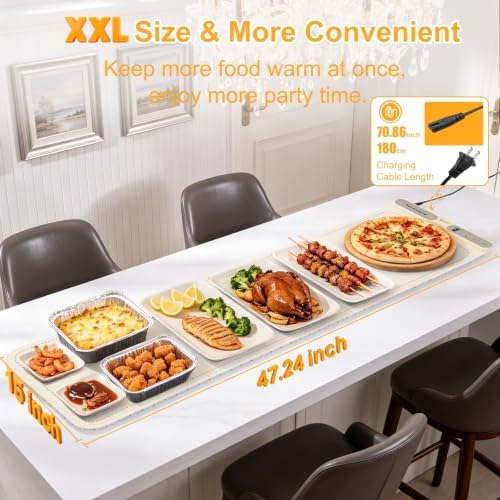 XXXL Food Warming Mat for Buffets, (47"x15") Extra Large Electric Food Warming Mat with [Heat-Resistant Mat], 7 Level Temp & 8 Hours Timer, Portable Food Heating Pad for Party Countertop, Beige - Image 2