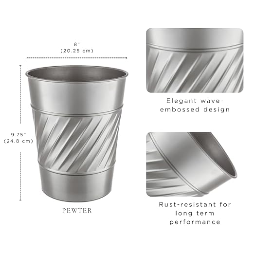 Monarch Abode Metal Bathroom Trash Can – Waste Basket for Bedroom, Office Desk, & Dorm, Handcrafted Wave Embossed, Durable Decorative Pewter Small Trash Can Bathroom Garbage Bin Wastebasket