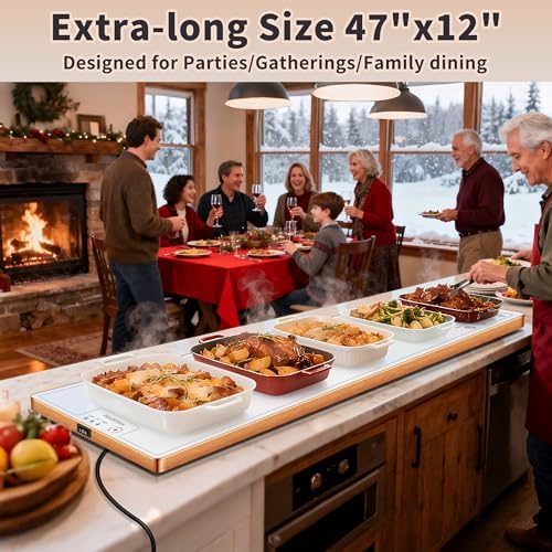 Warming Mat for Food,Extra Long 47"x12",Tempered Glass Warming Tray, White - Image 2