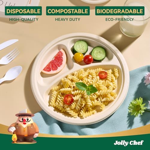 JOLLY CHEF Heavy Duty Compostable 3 Compartment Paper Plate 10 Inch 125 Pcs - Image 3
