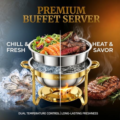 HEADMALL Chafing Dishes for Buffet 4 Pack, 6QT Round Gold Chafing Dish Buffet Set with High Dome Lid, Stainless Steel Food Warmers for Parties, Catering Supplies and Buffet Servers, Safe Rolled Edge - Image 4