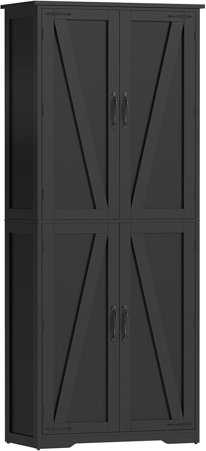 TEENFON Tall Storage Cabinet, Kitchen Cabinet with 4 Shelves, Adjustable Shelves, Pantry Cabinets with 4 Barn Doors, Tall Kitchen Cabinets for Dining Room, Living Room, Black