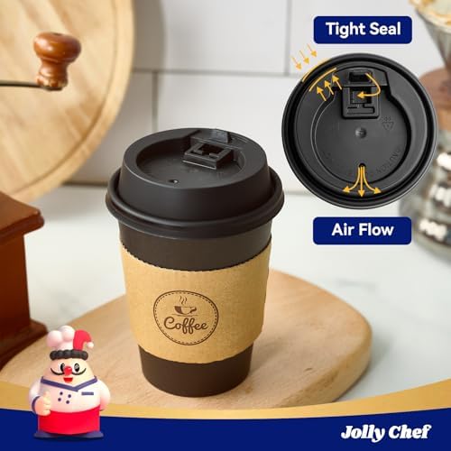 JOLLY CHEF 12 oz Black Coffee Cups with Lids, Sleeves & Stirrers 100 Pack - Image 3