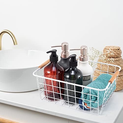 White 2PCS Wire Storage Baskets with Wooden Handles for Pantry Organizer - Image 4