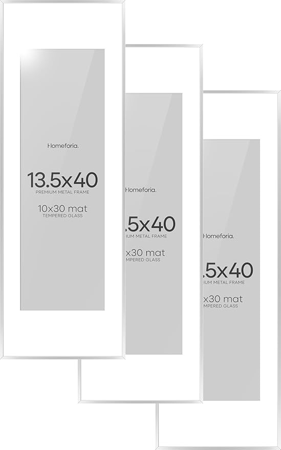 Homeforia 13.5x40 Panoramic Frame Silver, High End Metal 13.5x40 Picture Frames with Mat 10x30 Photo, 13.5 x 40 Poster Frame Matted to 10 by 30 Print, 40x13.5 Frame, Tempered Glass, Wall Kit, Set of 3