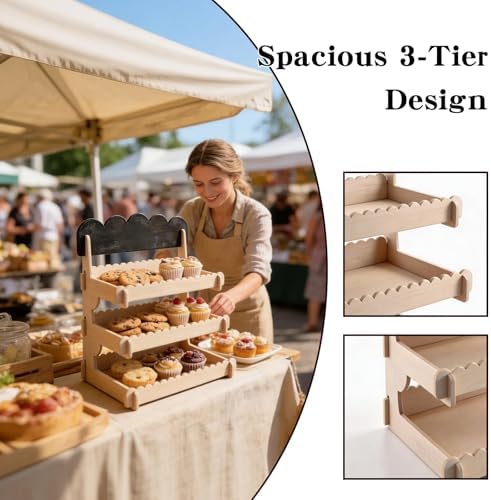 Cookie Display Stand, Cookie Display, 3 Tier Wooden Dessert Display Stand with Chalkboard, Rustic Scalloped Serving Tray for Party, Wedding, Bakery Treats and Small Items - Image 3