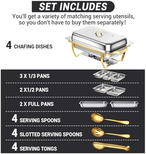 Chafing Dishes for Buffet, 8 Qt Food Warmers 4 Pack 7 Pans Half Gold - Image 2