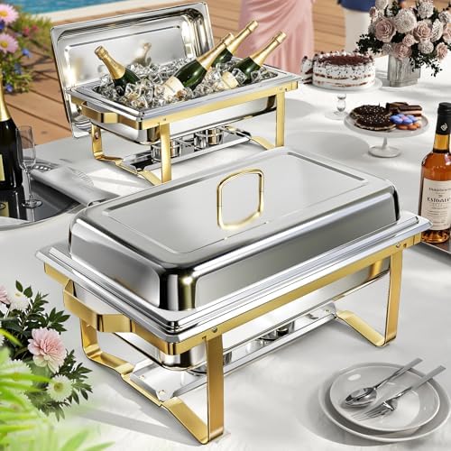 Chafing Dishes for Buffet 4 Pack, 9QT Chafing Dish High Grade Stainless Steel Chafer Complete Set,Steel Handle, Catering Events Complete Buffet Warmer Set (Golden, 2) by KScocina