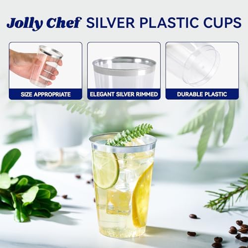 JOLLY CHEF 12 oz Plastic Cups, Silver Rimmed Plastic Tumblers 100 Pack - Image 2