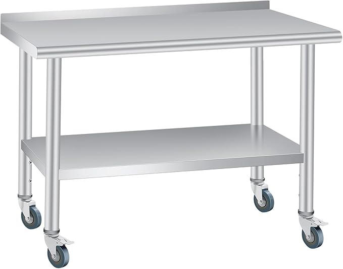 Stainless Steel Prep Table, 60 x 24 Inches, with Backsplash, Adjustable Undershelf and 4 Caster Wheels, Commercial Heavy Duty Table with Adjustable Under Shelf for Outdoor Use,Restaurants,Hotels,Works
