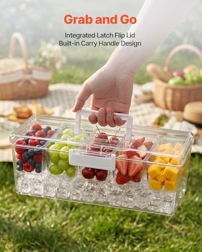 VEVOR Chilled Condiment Server Caddy, 5 Compartment Ice Cooled Serving Container, Plastic Fruit Garnish Tray Platter with Lid, for Taco Salad Bar Accessories, Party Home Restaurant Supplies - Image 4