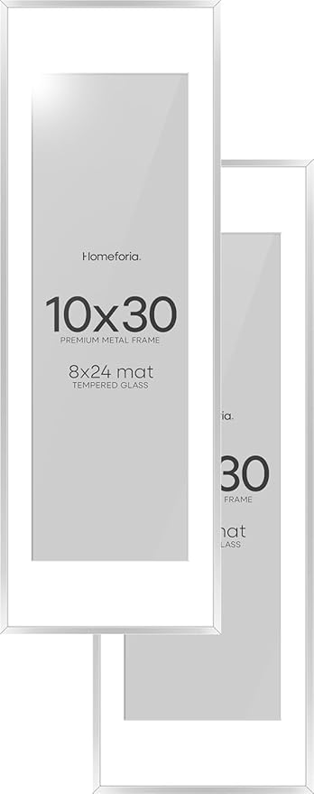 Homeforia 10 x 30 Picture Frame Silver, High End Metal 10x30 Poster Frames with Mat 8x24 Photo, 10 x 30 Silver Frames Matted to 8 x 24 Print, 30by10 Panoramic Frame, Tempered Glass, Wall Kit, Set of 2