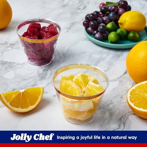 JOLLY CHEF 12 oz Clear Plastic Cups Tumblers, 100 Pack 9 oz Elegant Gold Rimmed Plastic Cups - Image 5