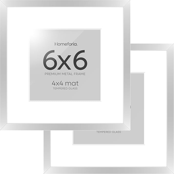 Homeforia 6x6 Silver Picture Frame, High End Metal 6 x 6 Square Frames with Mat 4 by 4 Photo, 6x6 Brass Frame Matted to 4x4 inch Print, 6by6 Wall or Tabletop Frames, Tempered Glass, Wall Kit, Set of 2