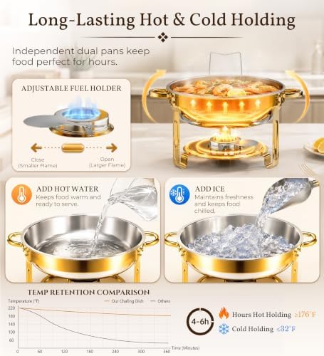 Chafing Dishes Buffet 4 Pack 6QT Gold Stainless Steel Food Warmers - Image 3