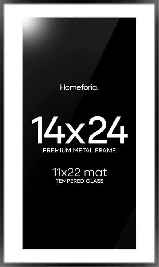 Homeforia 14x24 Picture Frame Black, High End Metal 14x24 Poster Frames with Mat 11x22 for Photo, 14 x 24 Black Frame Matted to 11 x 22 inch Print, 24x14 Thin Frame, Tempered Glass, Wall Kit, Set of 1