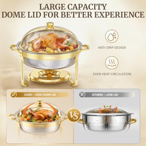 HEADMALL Chafing Dishes for Buffet 4 Pack, 6QT Round Gold Chafing Dish Buffet Set with High Dome Lid, Stainless Steel Food Warmers for Parties, Catering Supplies and Buffet Servers, Safe Rolled Edge - Image 5