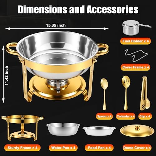 Chafing Dishes Buffet Food Warmer - Parties Servers Trays Catering Dish Warming Display Set - Chafers Keep Warm Serving Tray Round Heating Kit with Burners 4 Set Gold - Image 7