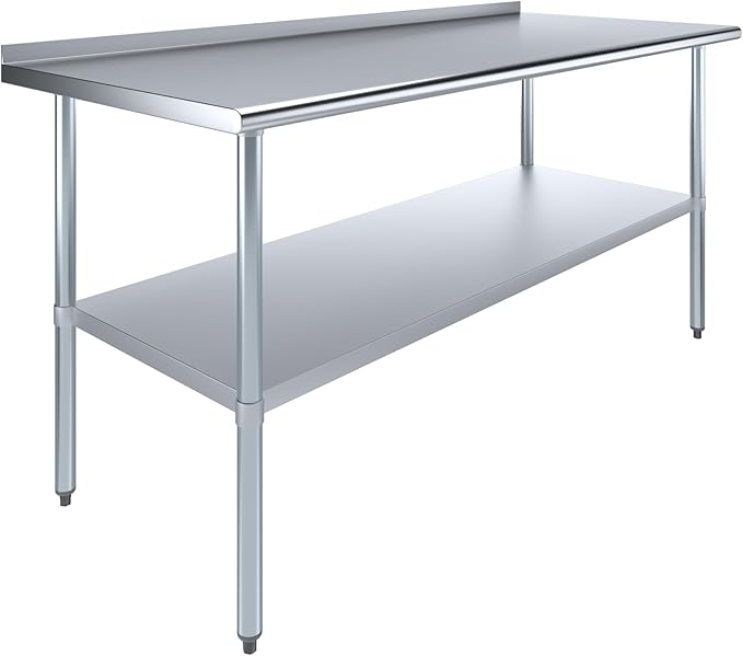 AmGood Stainless Steel Work Table with 1.5" Backsplash | Metal Kitchen Food Prep Table | NSF (72" Long x 30" Deep)