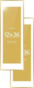 Homeforia 12x36 Picture Frame Gold, High End Metal 12x36 Poster Frames with Mat 10x30 inch Photo, 12 x 36 Gold Frames Matted to 10 by 30 Art, 36x12 Panoramic Frames, Tempered Glass, Wall Kit, Set of 2