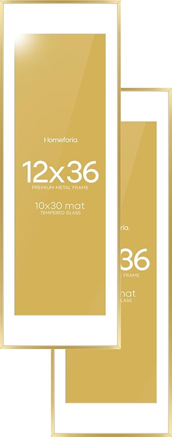 Homeforia 12x36 Picture Frame Gold, High End Metal 12x36 Poster Frames with Mat 10x30 inch Photo, 12 x 36 Gold Frames Matted to 10 by 30 Art, 36x12 Panoramic Frames, Tempered Glass, Wall Kit, Set of 2