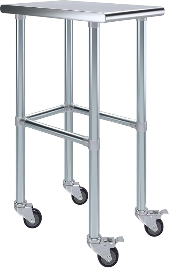 Stainless Steel Work Table Open Base & Wheels | Work Station | Metal Work Bench (Stainless Steel Work Table Open Base + Casters) (15" Long x 24" Deep)