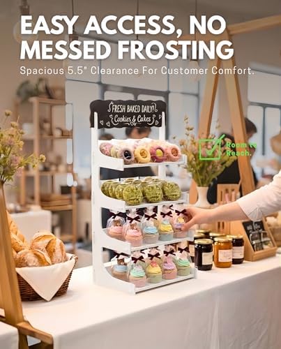 HOTCAN Cookie Display Stand for Bakers & Vendors with Acrylic Front | Wooden Dessert Stand with Chalkboard Sign for Market Booths, Craft Fairs & Events | 4 Tiered Cookie Display for Cupcakes, Muffins & Pastries (White) - Image 2