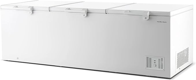 Hamilton Beach, 42.5 Cu. Ft. Chest Freezer- White, Garage Ready, TRIPLE door lid, Vinyl-Coated Baskets, Space-Saving Flat Back, Stay-Open, Front-Access Drain, for Storage, Hunting, Large Family