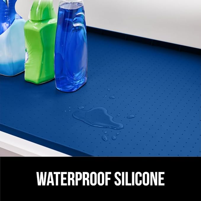 GORILLA GRIP Waterproof Silicone Under Sink Mat with Raised Lip for Kitchen and Bathroom, Cabinet Shelf Liner Stay in Place Mats Dishwasher Safe Drawer Liner, Organizer Tray, 19 x 22 in, Blue