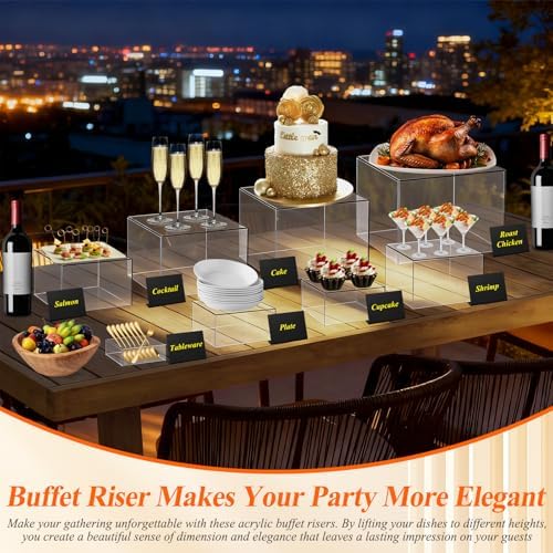 8 Pcs Clear Acrylic Buffet Risers with Mini Sign and Maker,Buffet Risers and Stands Clear Food Display Risers for Buffet Table Party Catering Dessert Cupcake Collectibles (8" 7" 6" 5" 5" 4" 4" 3") - Image 2