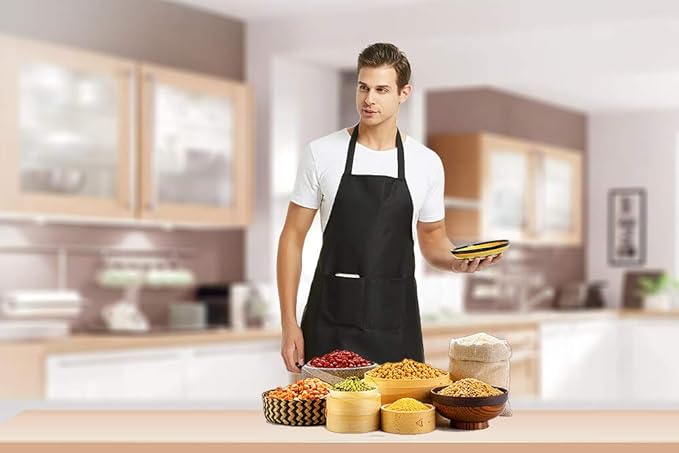 DUSKCOVE 8 Pack Bib Aprons Bulk - Unisex Brown Commercial Apron with 2 Pockets for Kitchen Crafting BBQ Drawing Cooking