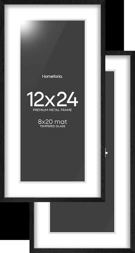 Homeforia 12x24 Black Wood Picture Frame, High End Oak 12x24 Poster Frames with Mat 8x20 Photo, 12 x 24 Black Wooden Frames Matted to 8 by 20, 24x12 Panoramic Frame, Tempered Glass, Wall Kit, Set of 2