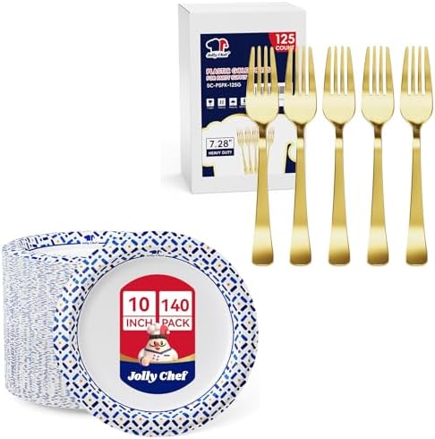 JOLLY CHEF 10 Inch Paper Plates 140 Count & 7.28 Inch Heat Resistant Durable Gold Dinner Forks for Parties by JOLLYCHEF