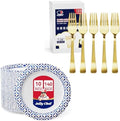 JOLLY CHEF 10 Inch Paper Plates 140 Count & 7.28 Inch Heat Resistant Durable Gold Dinner Forks for Parties by JOLLYCHEF