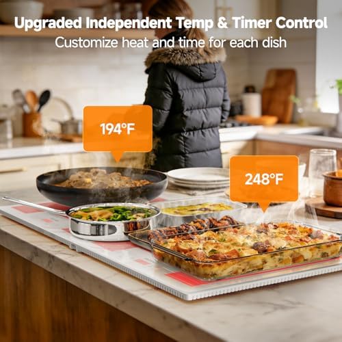 FEPPO Electric Warming Tray with Independent Temp Control, 31"x15" Glass Surface Warming Mat for Food, 10 Temp Settings and Timer, 2-in-1 Food Warmers for Parties Buffet - Image 3