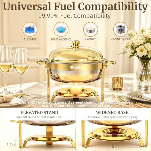 HEADMALL Chafing Dishes for Buffet 4 Pack, 6QT Round Gold Chafing Dish Buffet Set with High Dome Lid, Stainless Steel Food Warmers for Parties, Catering Supplies and Buffet Servers, Safe Rolled Edge - Image 6