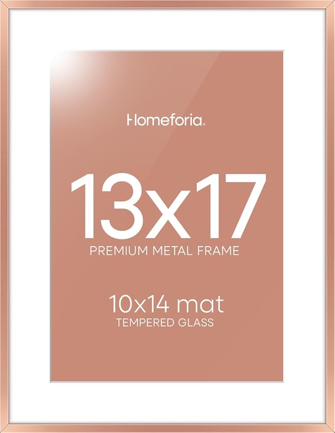 Homeforia 13x17 Picture Frame Rose Gold, High End Metal 13x17 Poster Frames with Mat 10x14 Photo, 13 x 17 Rose Gold Frame Matted to 10 by 14 Print, 17x13 Thin Frame, Tempered Glass, Wall Kit, Set of 1