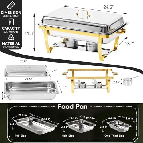 9Qt Chafing Dishes for Buffet, Gold 304 Stainless Steel Chafing Dish Sets, Food Warmers for Parties, Buffet Servers and Warmers, Warming Trays for Buffets Party, Multiple Size Food Pans, 4 Pack - Image 2
