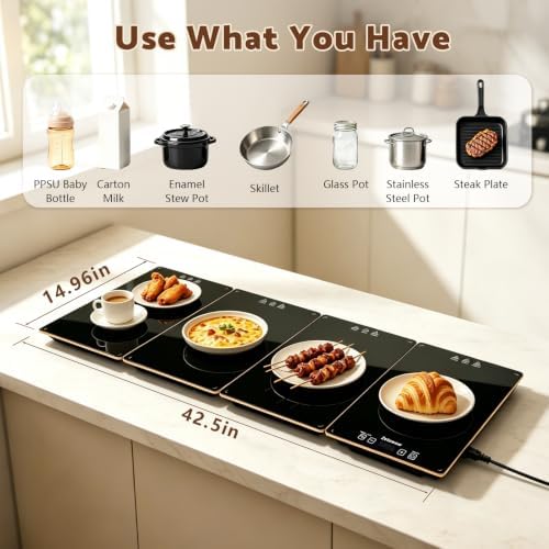 Electric Warming Tray, 42.5"x14.96" Extra Large 4-in-1 Food Warmer for with 8 Temp Settings & Timer, 4MM Tempered Glass Warming Mat, Modular Hot Plates for Buffet, Catering & Parties - Image 2