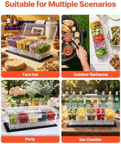 VEVOR Chilled Condiment Server Caddy, 5 Compartment Ice Cooled Serving Container, Plastic Fruit Garnish Tray Platter with Lid, for Taco Salad Bar Accessories, Party Home Restaurant Supplies - Image 6