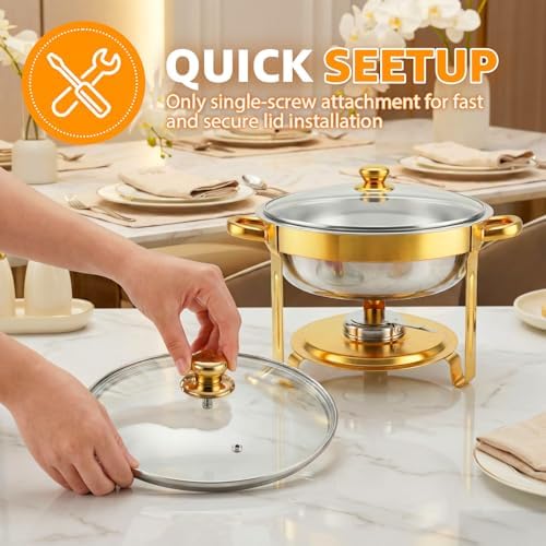 4 Pack 5QT Gold Chafing Dishes for Buffet,Installation-Free Stands,Round - Image 2