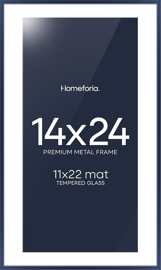 Homeforia 14x24 Picture Frame Navy Blue, High End Metal 14x24 Poster Frames with Mat 11x22 Photo, 14 x 24 Navy Blue Frame Matted to 11 by 22 Print, 24x14 Thin Frame, Tempered Glass, Wall Kit, Set of 1