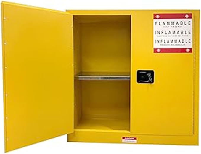 Flammable Safety Cabinet, 43" W x 18" D x 44" H, Suitable for Storing up to 30 Gallons, Cold-Rolled Steel fire Resistant Cabinet with Adjustable Shelves, 2 Manual Closing Doors for Industrial Use